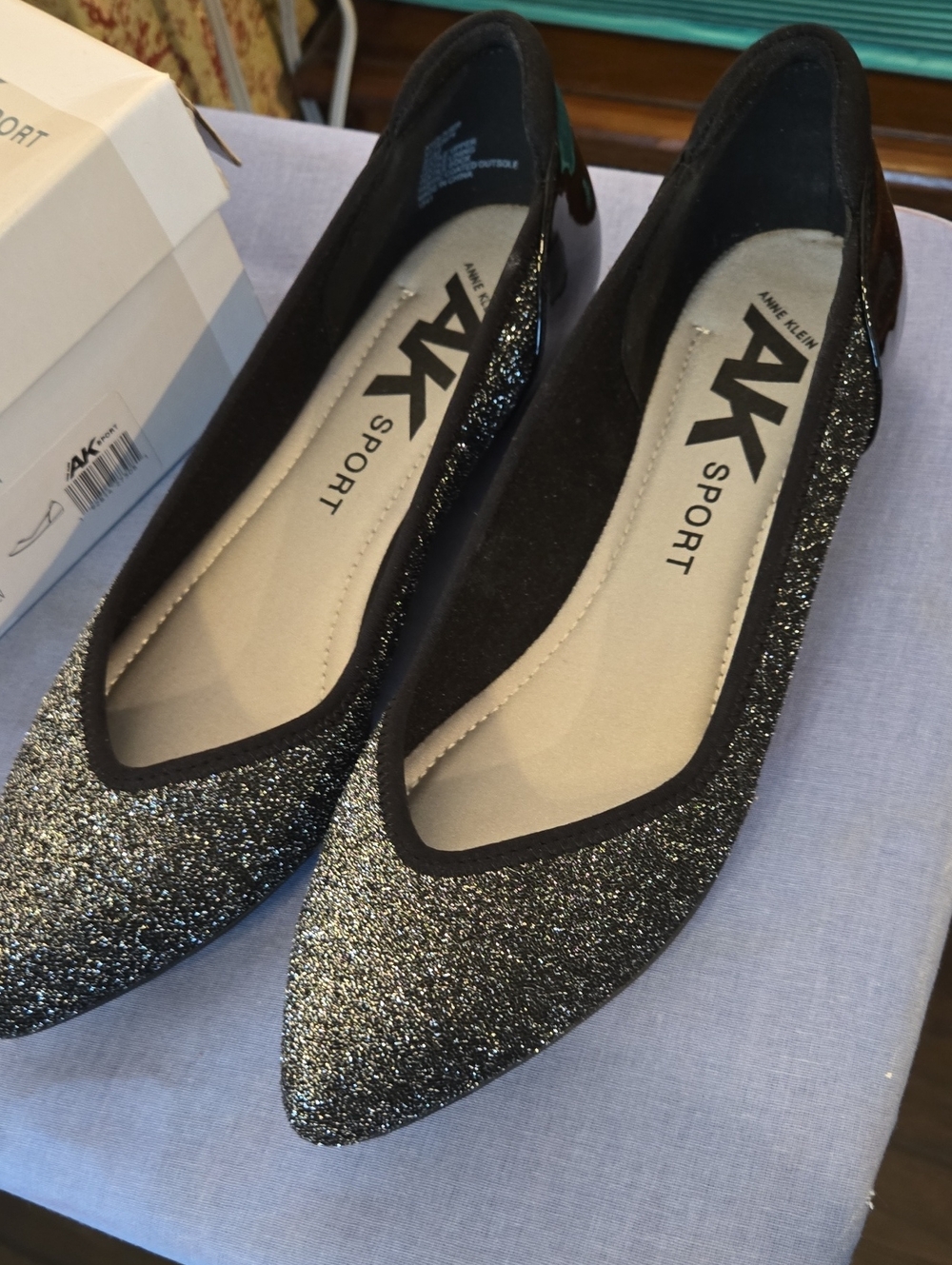 Anne Klein Black Glitter Pointed Ballet Flats